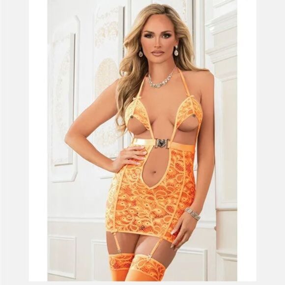 3 Pc Laced Babydoll Garter Dress and Stockings - One Size - Neon Papaya
